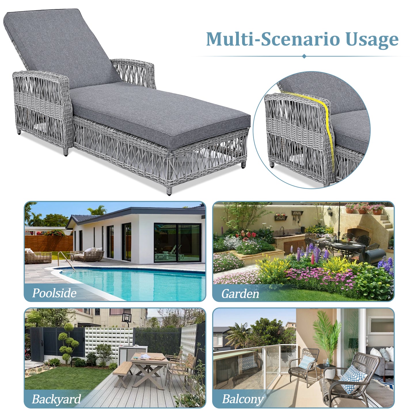 GO 2 Pieces Long Reclining Chaise, Outdoor Wicker Lounge with Armrests, Patio Adjustable Recliner with Soft Removable Cushions, All Weather Rattan Pool Lounge for Poolside & Garden, Gray