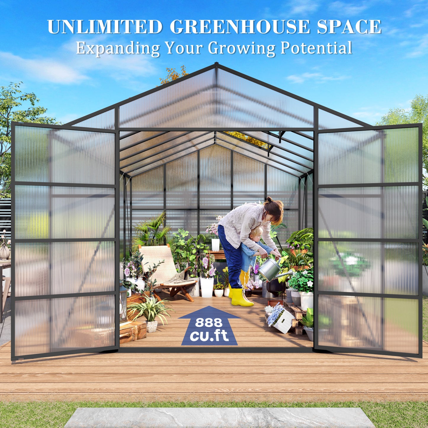 Newly Design Windproof Aluminum Greenhouse 10x14 FT Polycarbonate Greenhouse Aluminum Heavy Duty Walk-in Greenhouses for Outdoor Backyard in All Season