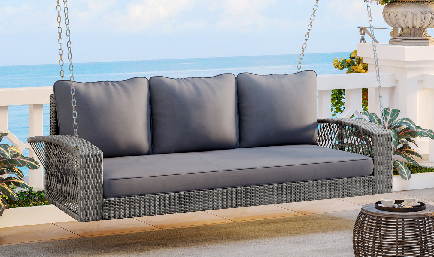 GO 69" PE Wicker 3-Person Porch Swing with Chains, Large Patio Swing Bench with Cushions for Backyard, Garden, and Poolside, Gray69"