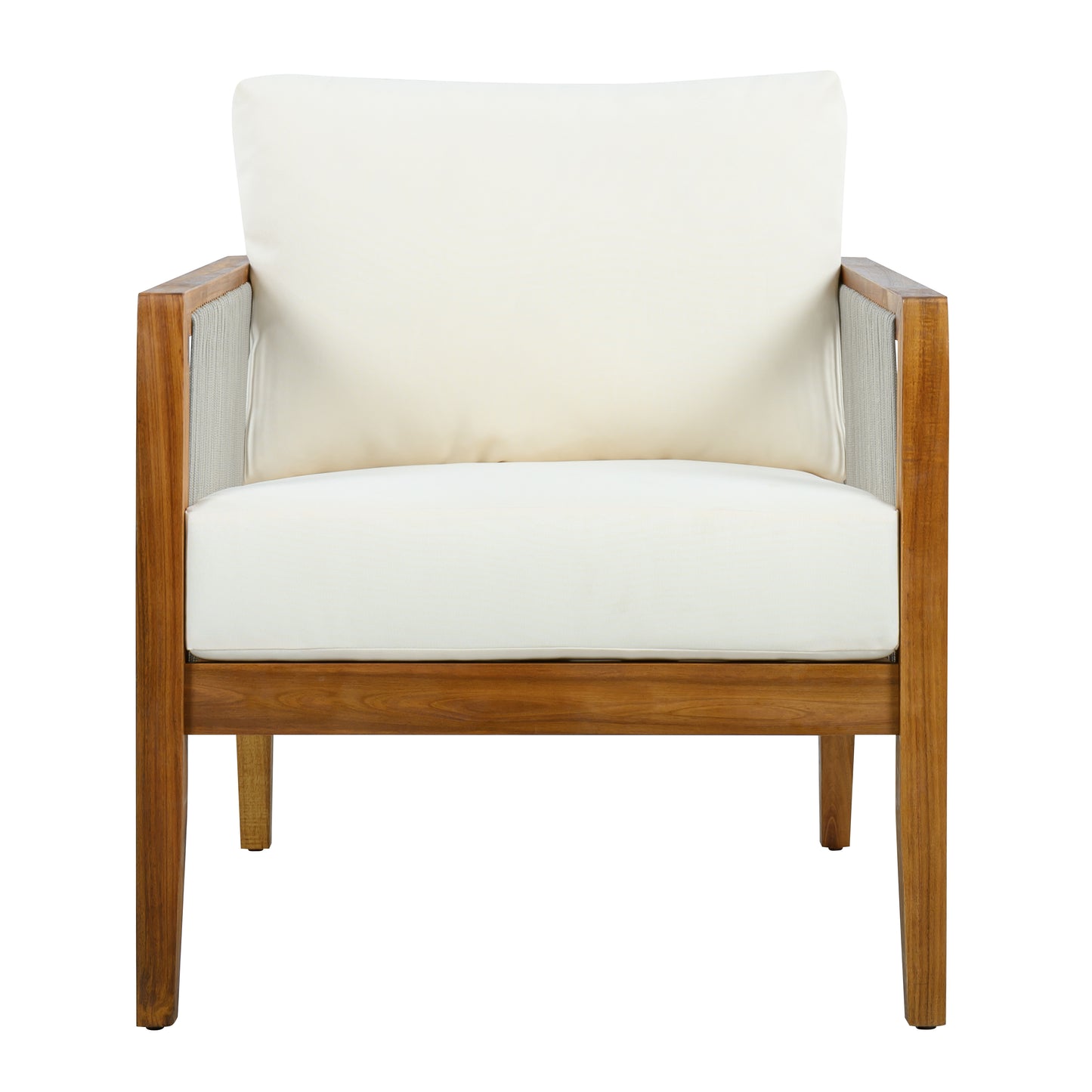 Outdoor Club Chair (Set of 1), Acacia Wood Frame with Rope Back, Water-Repellent Beige Cushions for Patio/Backyard/Deck, Teak Finish