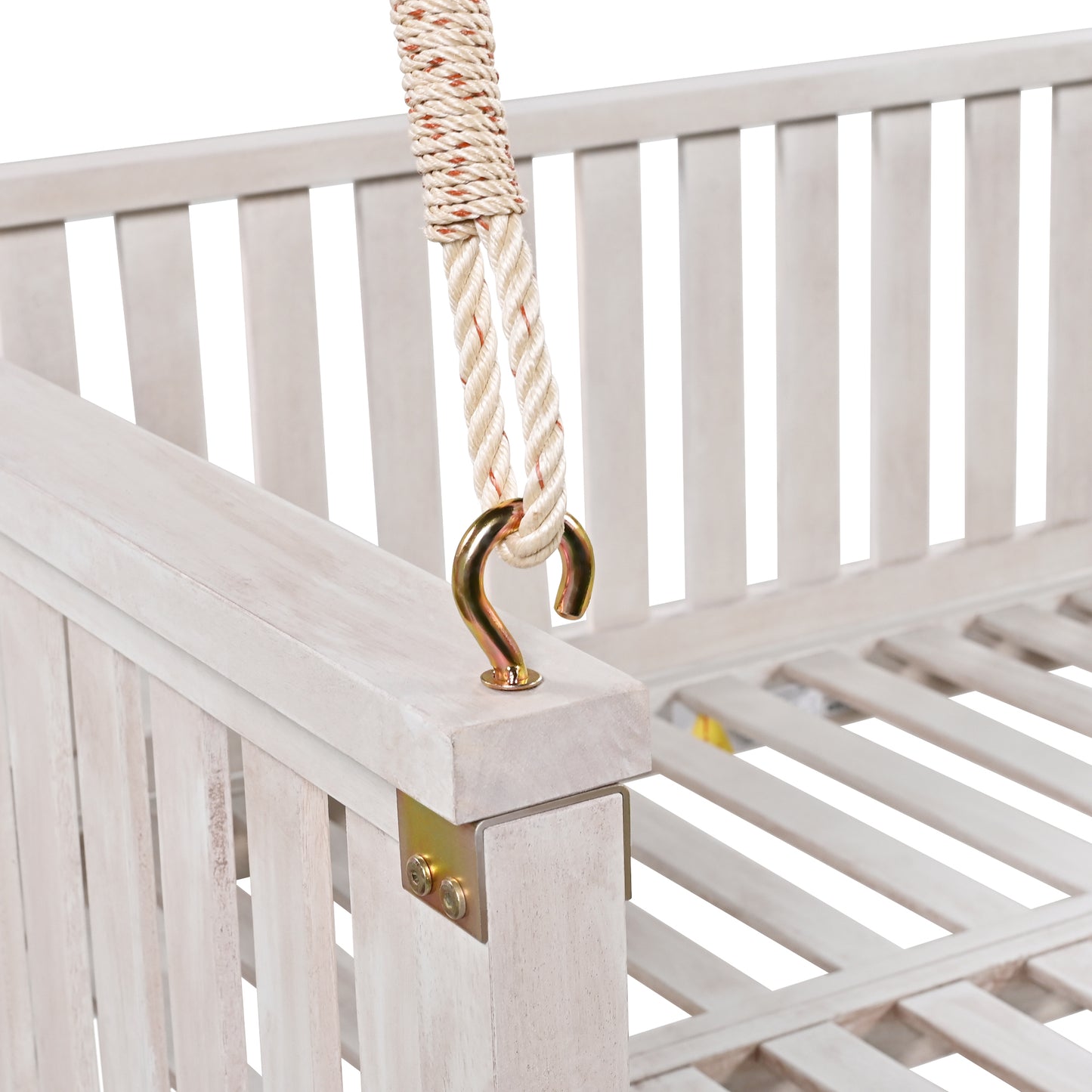 TOPMAX Patio Minimalist Twin Size Garden Swing Bed Wood Porch Swing with Ropes for Backyard, Safe Sloped Design, White