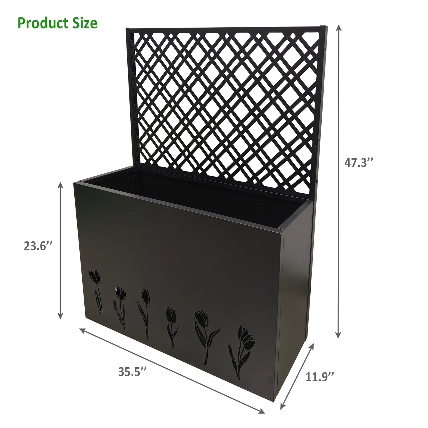Tall Metal Planter Raised Garden Bed with Trellis 35.5in L x 11.9in W x 47.3in H - Large Flower Box Privacy Screen for Porch, Patio, Garden, Commercial Décor, Tulip Black
