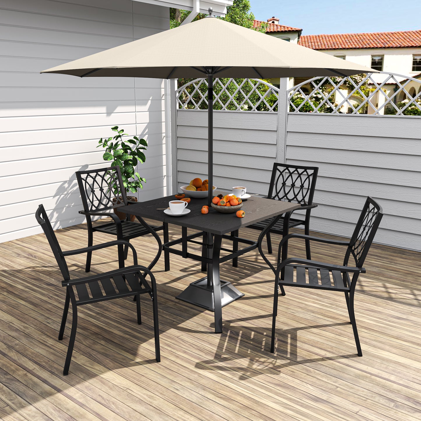 NATURAL -Industrial Farmhouse Desk with Umbrella Hole, 37" Wood Look Square Table - Heavy Metal Frame for Dining Office Kitchen Conference Room, Easy Assembly Waterproof Indoor Outdoor Use
