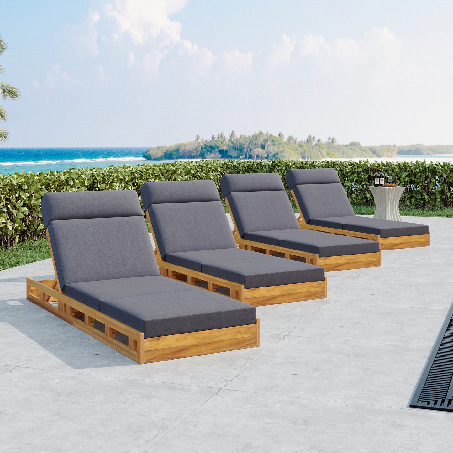 LOUNGE CHAISE SET WITH HEADREST, ACACIA WOOD WITH WATER-RESISTANT LOUNGE CUSHIONS (DARK GREY & 3-FOLD & 4 inch) - MATCHING CREAM/BEIGE VERSION AVAILABLE