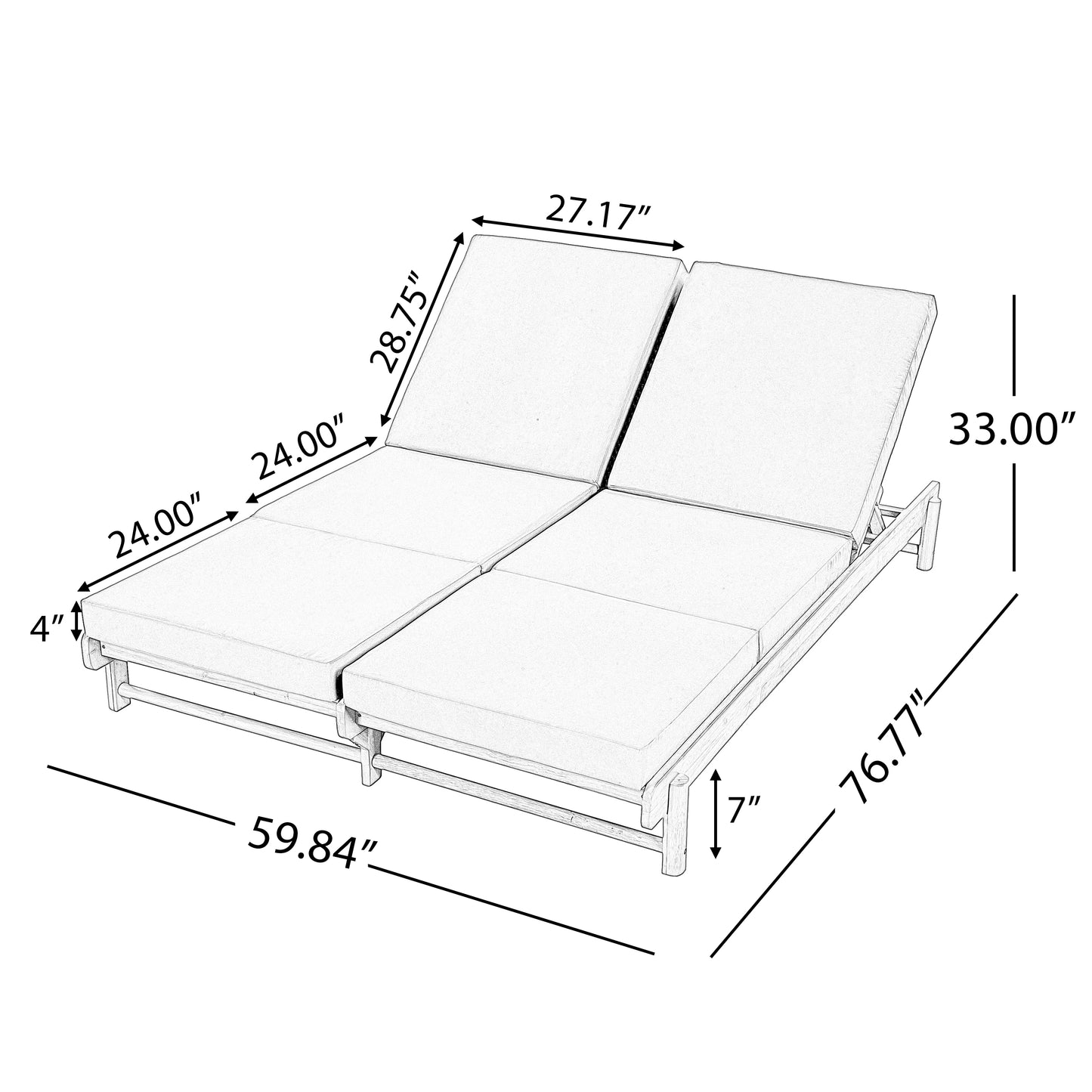 Light Teak Acacia Wood Double Chaise Lounger Set: 1 Frame + 2 Cream Cushions, 800 lbs Capacity, 3-Position Adjustable Backrest, 4" Thick 3-Fold Water-Resistant Cushions for Patio Poolside Backyard