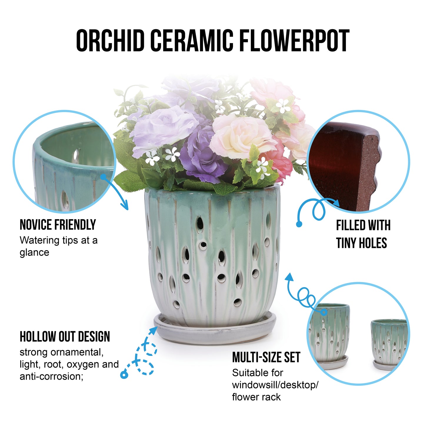 Handmade Green-White Gradient Ceramic Planter Set (7.48"×5.51" & 8.07"×6.1"), Indoor & Outdoor Flower Pots for Orchids, Succulents by Window, Breathable Holes & Lightweight