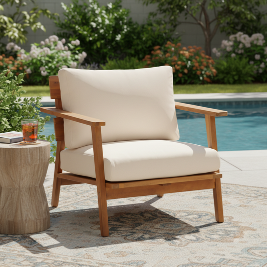 29.5" Mid-Century Modern Acacia Wood Outdoor Club Chair, Patio Armchair with Weather-Resistant Cushions & Solid Hardwood Frame
