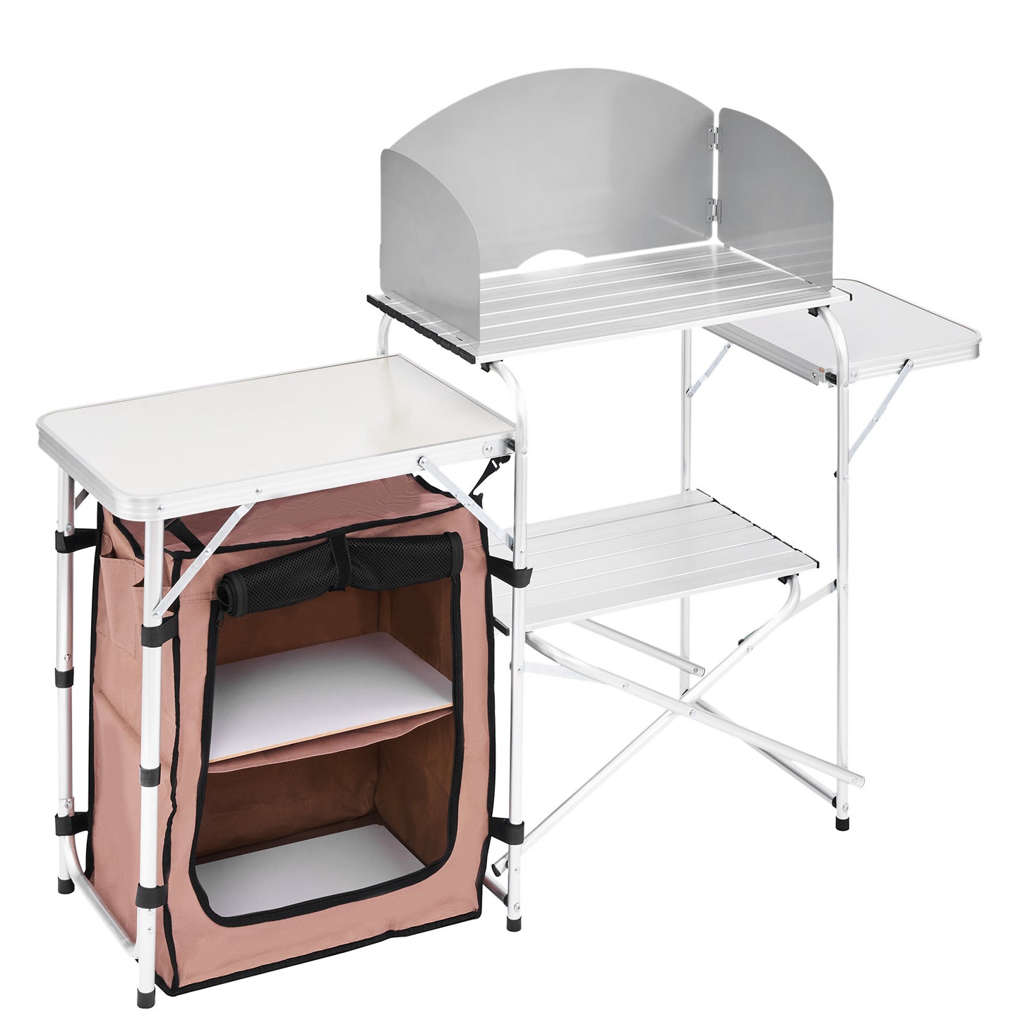 Camping Kitchen Table Picnic Cabinet Folding Cooking Storage Rack Portable Brown