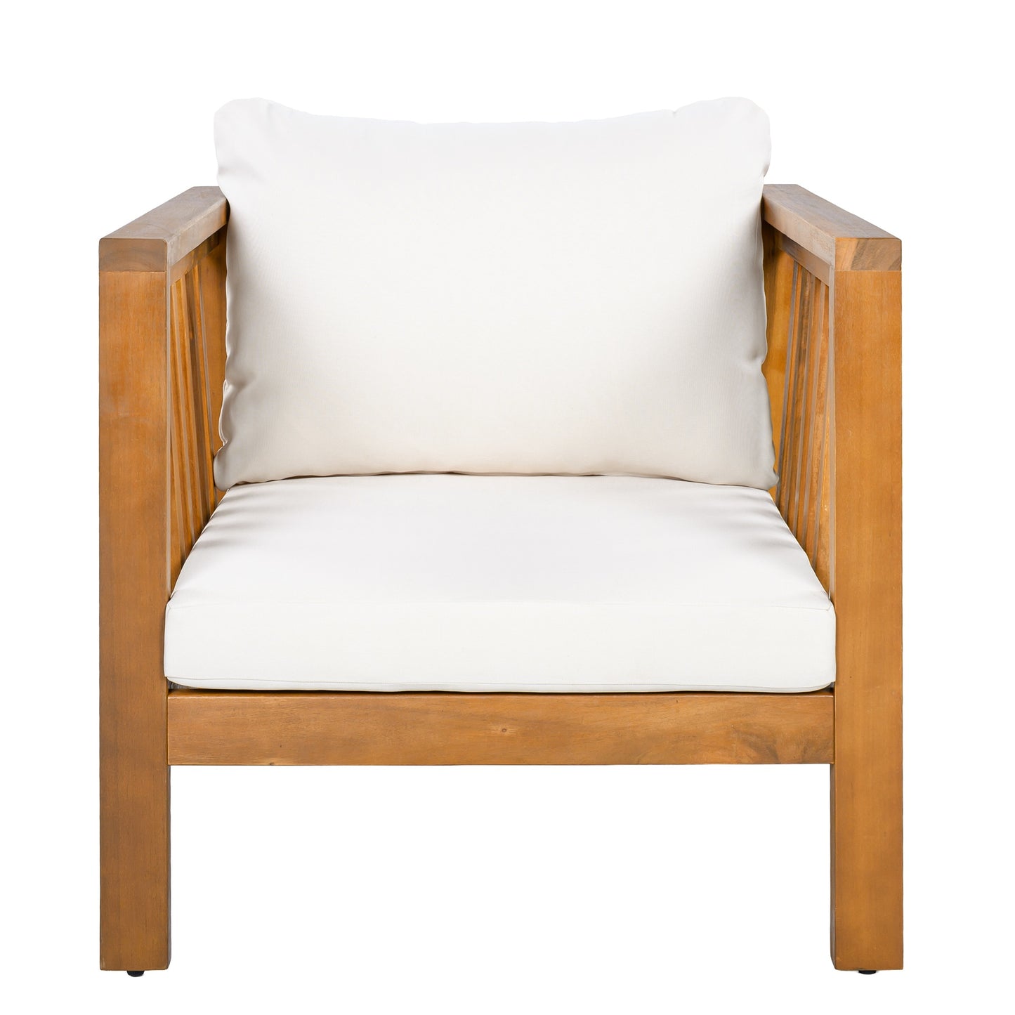 Outdoor Acacia Wood Club Chair with Modern Square Arms, Patio Chair with Thick Cushion, Adjustable Leveling Feet for Poolside, Backyard & Deck, Beige Cushion