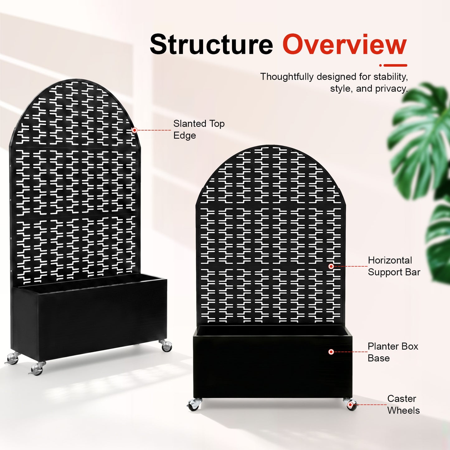 Arched Decorative Privacy Screen with Planter Box, 70.87" Tall Metal Freestanding Fence Planter, 46.8"×15.75"×16.92" Planter Box for Patio Balcony Backyard