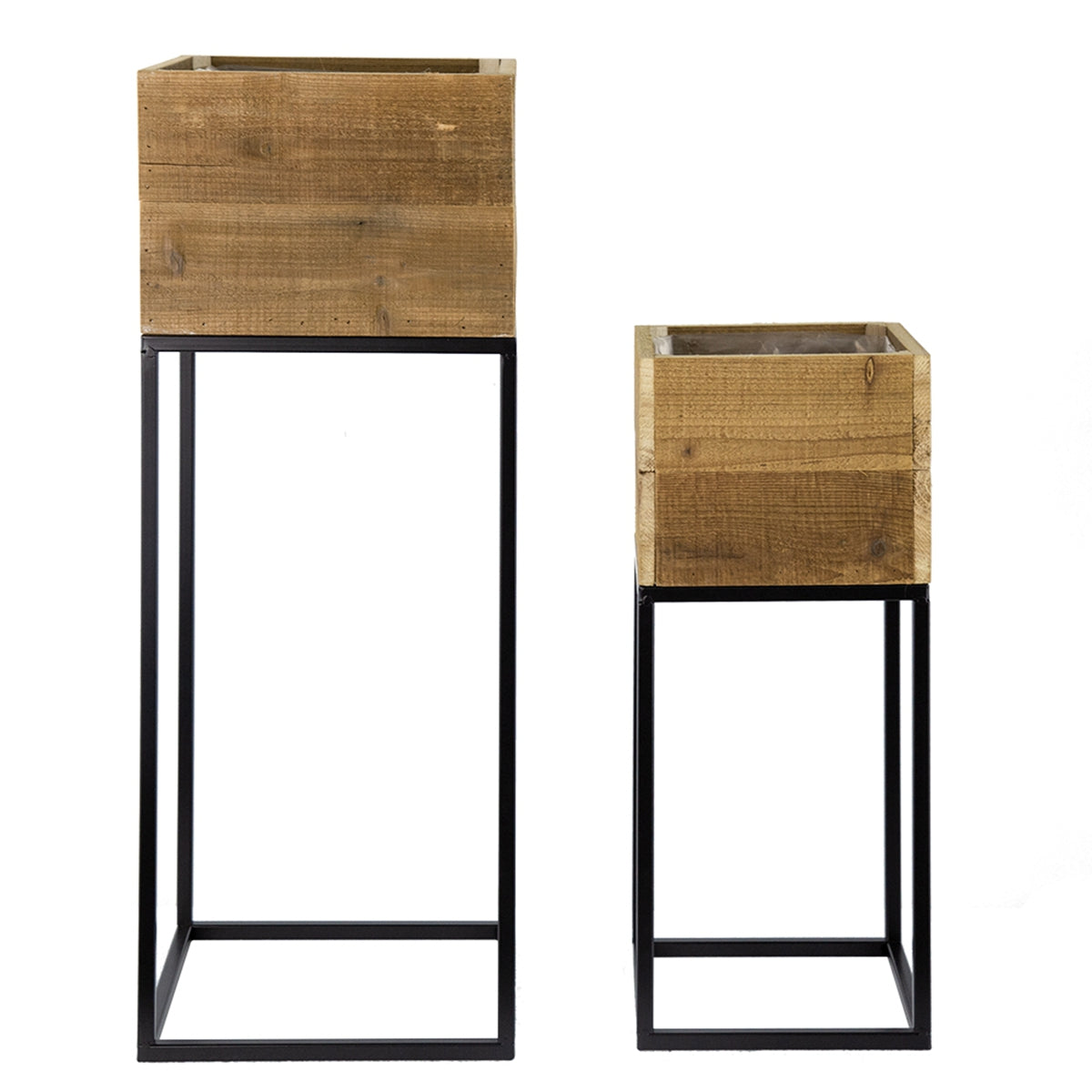 Set of 2 Reclaimed Wooden Box With Black Iron Stand, L:11x11x29.5" S:8.5x8.5x21.5"