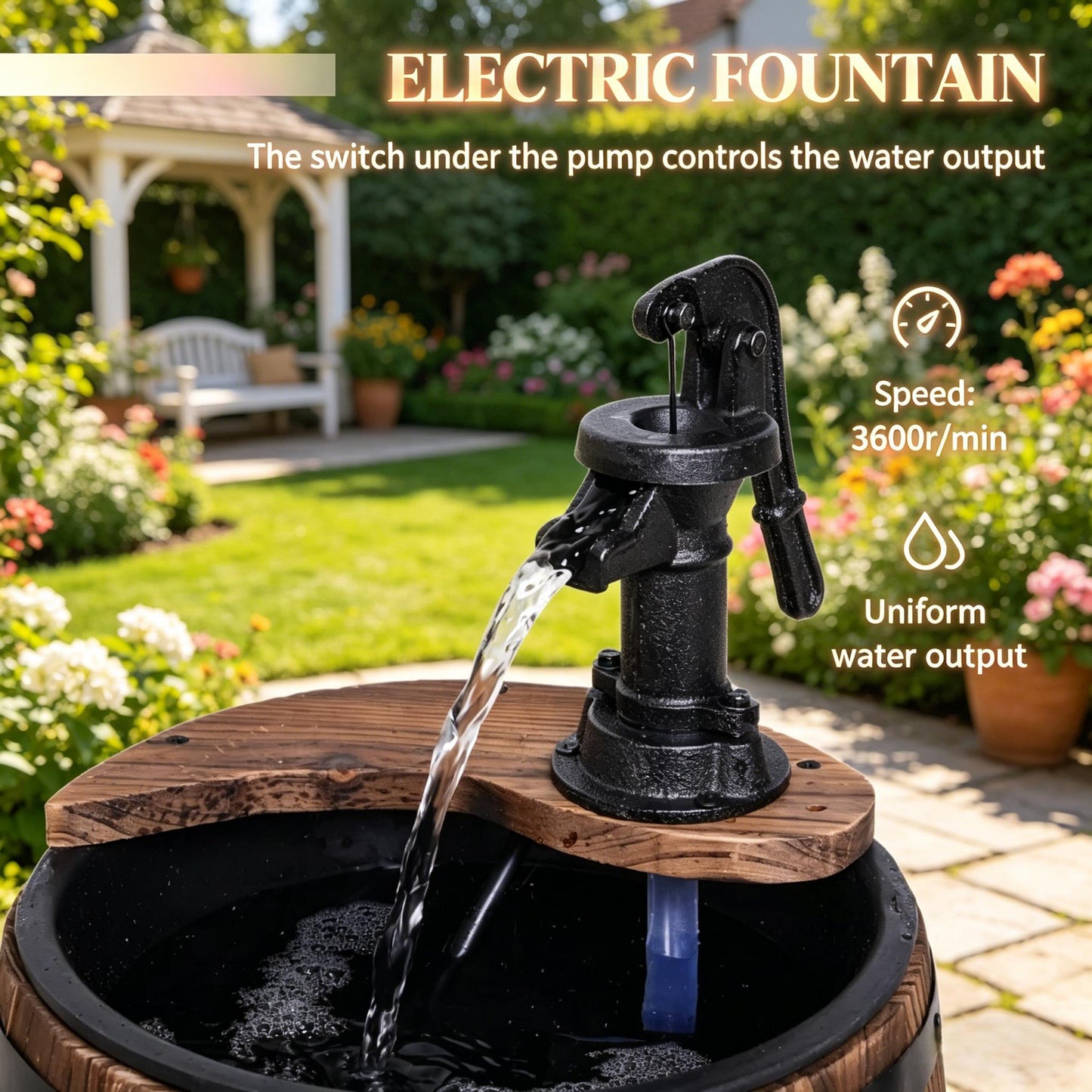 Wooden Water Pump Fountain,Patio Water Fountain,Apple Barrel Pump Garden Decor,Outdoor Water Fountain