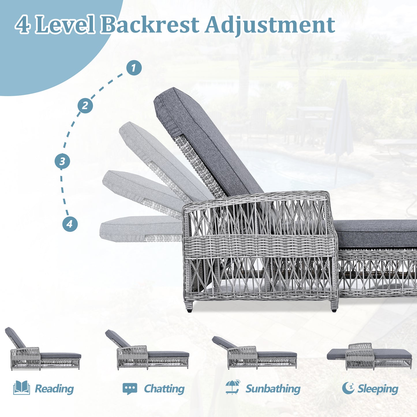 GO Outdoor Long Reclining Chaise, Wicker Lounge with Armrests, Patio Adjustable Recliner with Soft Removable Cushions, All Weather Rattan Pool Lounge for Poolside & Garden, Gray