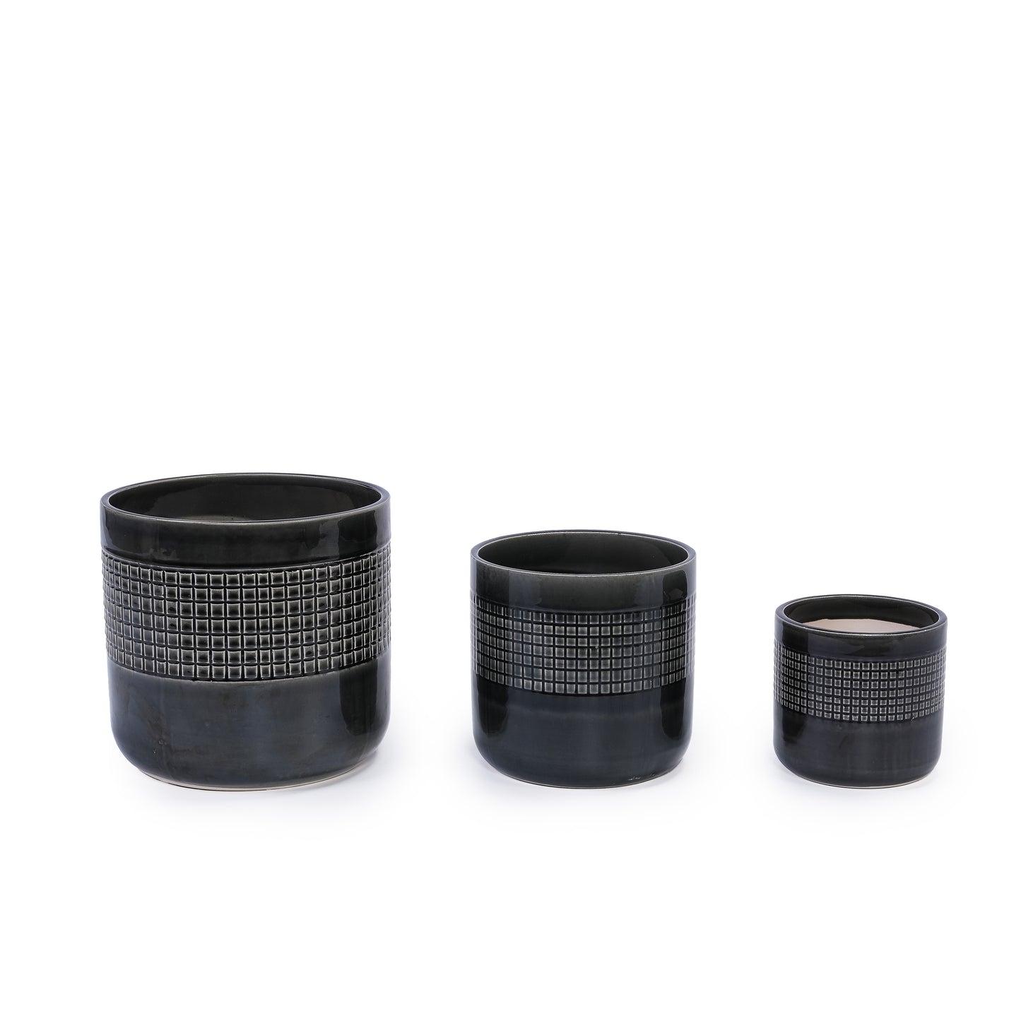 Handmade Black Glazed Ceramic Planter Set of 3, 9" 7" 6" Diameter, Grid Pattern, for Succulents & Cacti Indoor/Outdoor Shelf & Table Use, Porous Clay with Drainage Holes