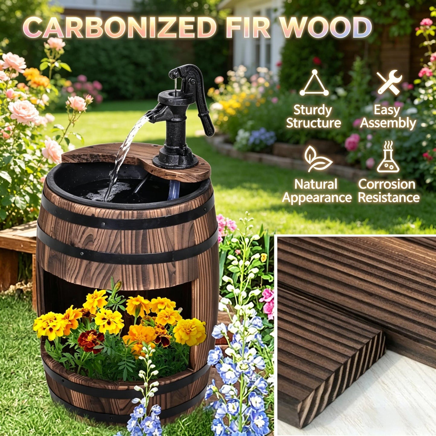 Wooden Water Pump Fountain,Patio Water Fountain,Apple Barrel Pump Garden Decor,Outdoor Water Fountain