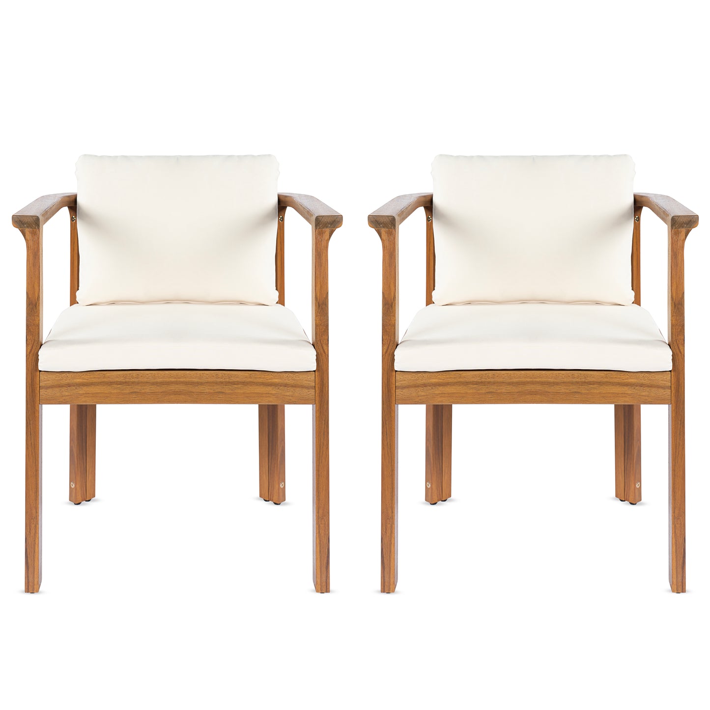 Outdoor Dining Chair Set of 2 with Curved Acacia Wood Arms, Teak Finish and Cream Cushions