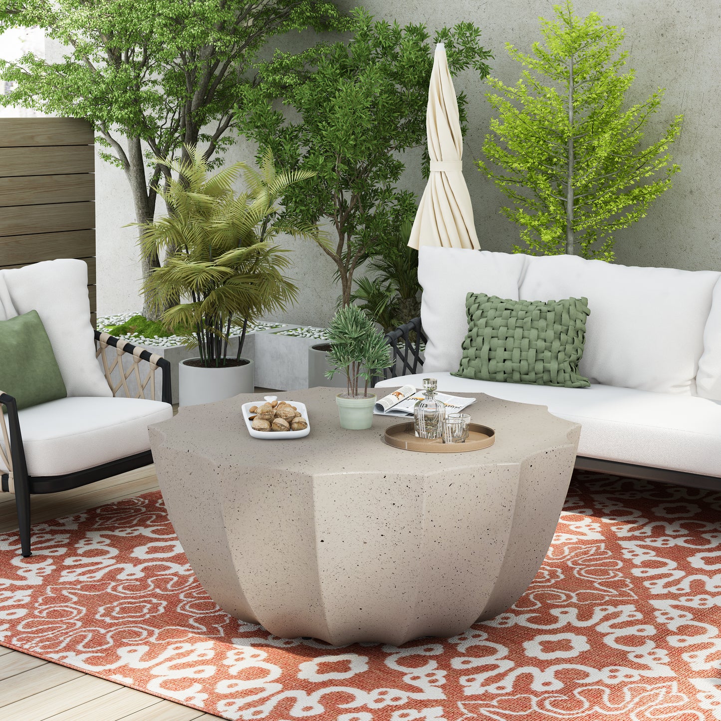 35.43" Modern Outdoor and Indoor Waterproof Coffee Table, Durable MgO Cement Design, Suitable for Terraces, Gardens, Backyards and Living Rooms ( White)
