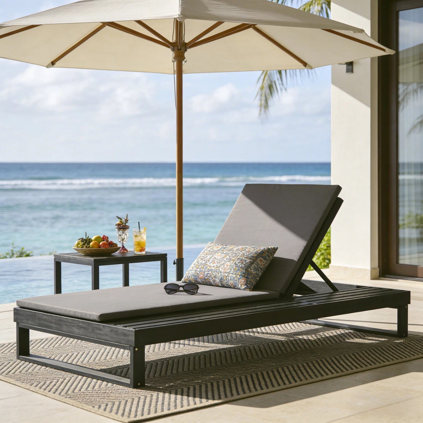 Black Acacia Wood Chaise Lounge with 1.57-Inch Dark Gray 2-Fold Cushion Set, 4-Position Adjustable with Flat Side Surface, for Poolside - Matching cream,leaf coconut version available