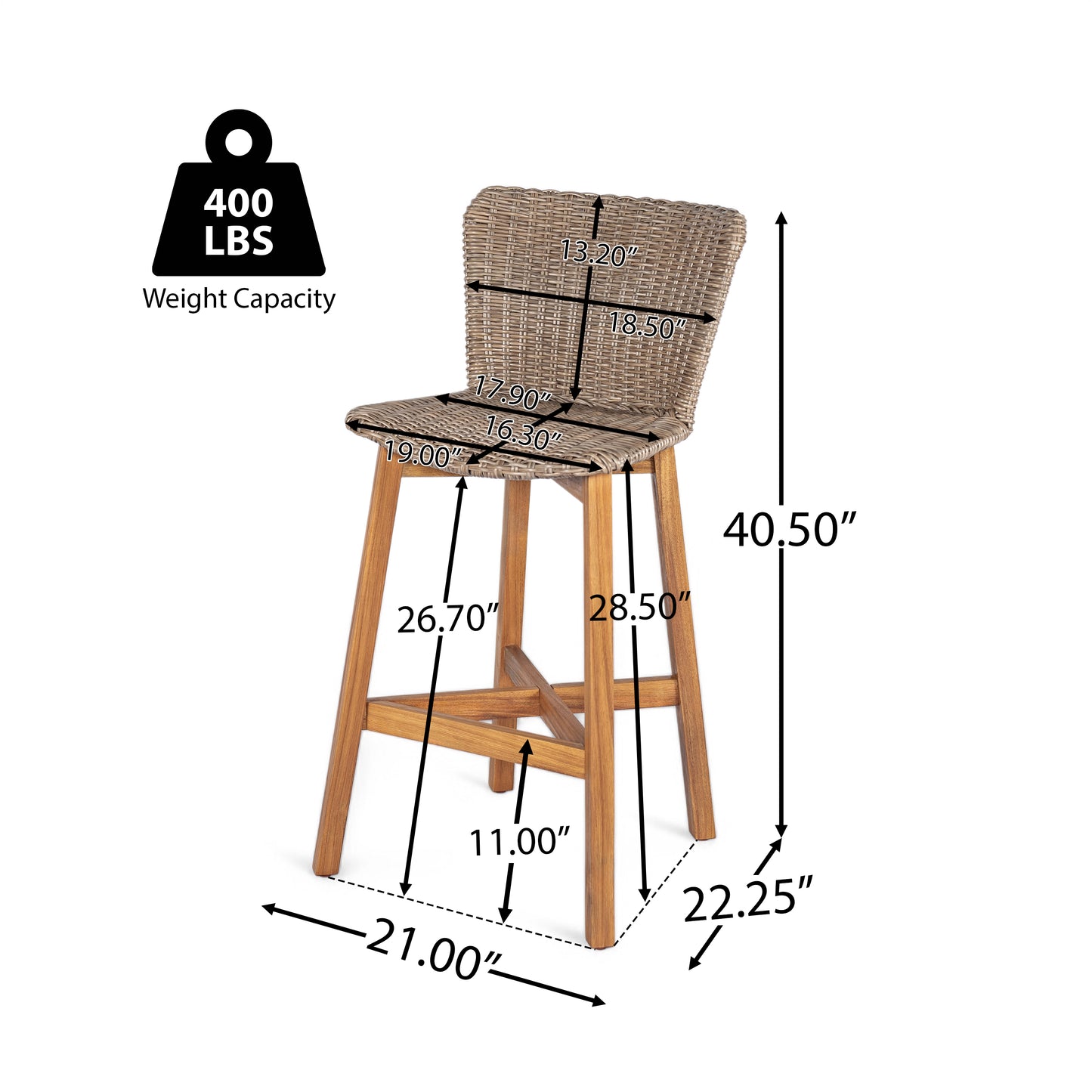 Lymington Outdoor Bar Stool, Teak Finished Wood with Light Brown Wicker, Set of 2