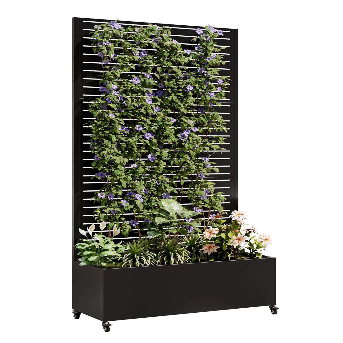 Metal Planter Box with Trellis,  73"x47"x16" Metal Raised Garden Bed with Trellis, Metal Planter Box with Drainage Holes & Lockable Wheels & Privacy Screen for Climbing Plants, Vegetables, Vines