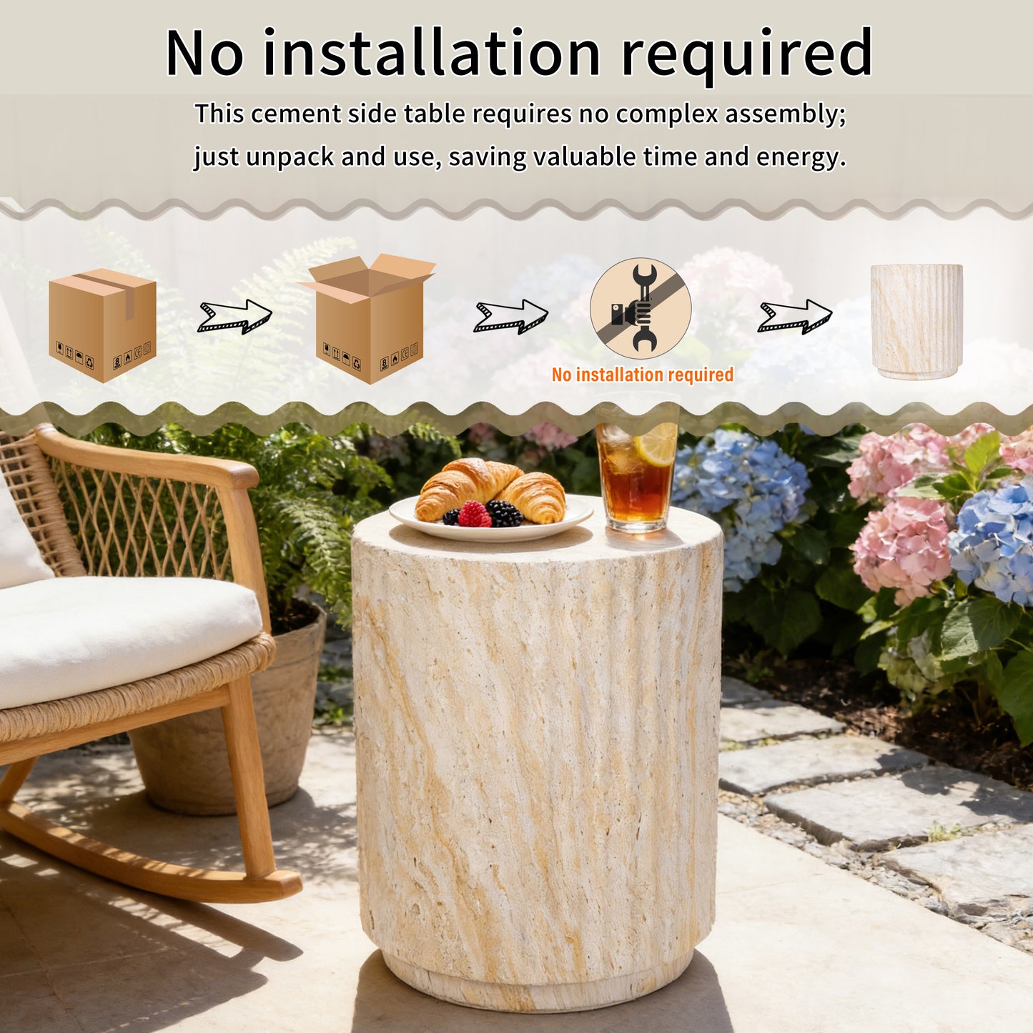 U_Style COSIEST Outdoor Side Table, Cylinder Shaped MgO Patio End Table, Lightweight Accent Table with Wave Design, Round Plant Stand Tool for Garden And Balcony