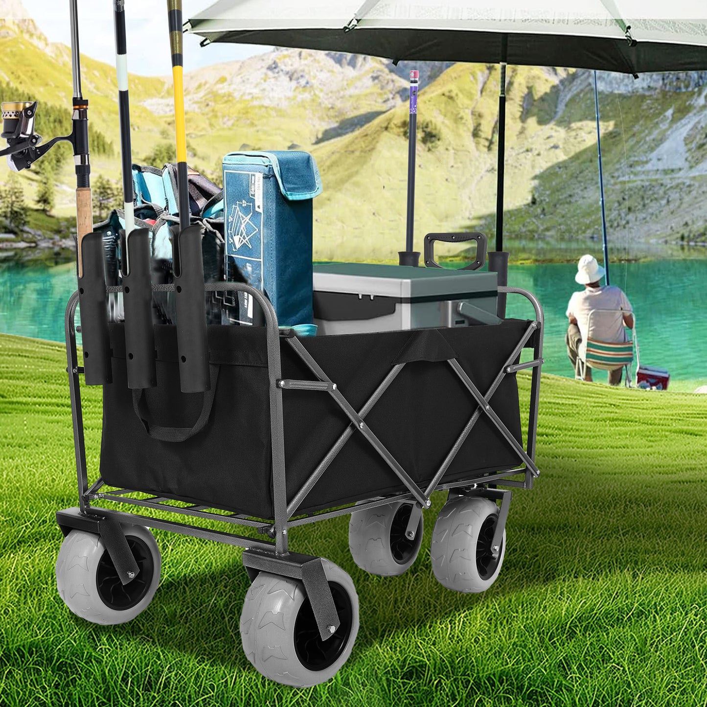 Fishing Cart with Rod Holders,Beach Wagon with Big Wheels for Sand 500lbs Capacity - All Terrain Steel Frame Utility Cart with 9" Pneumatic Tires,Strap with multiuse Bag,Black