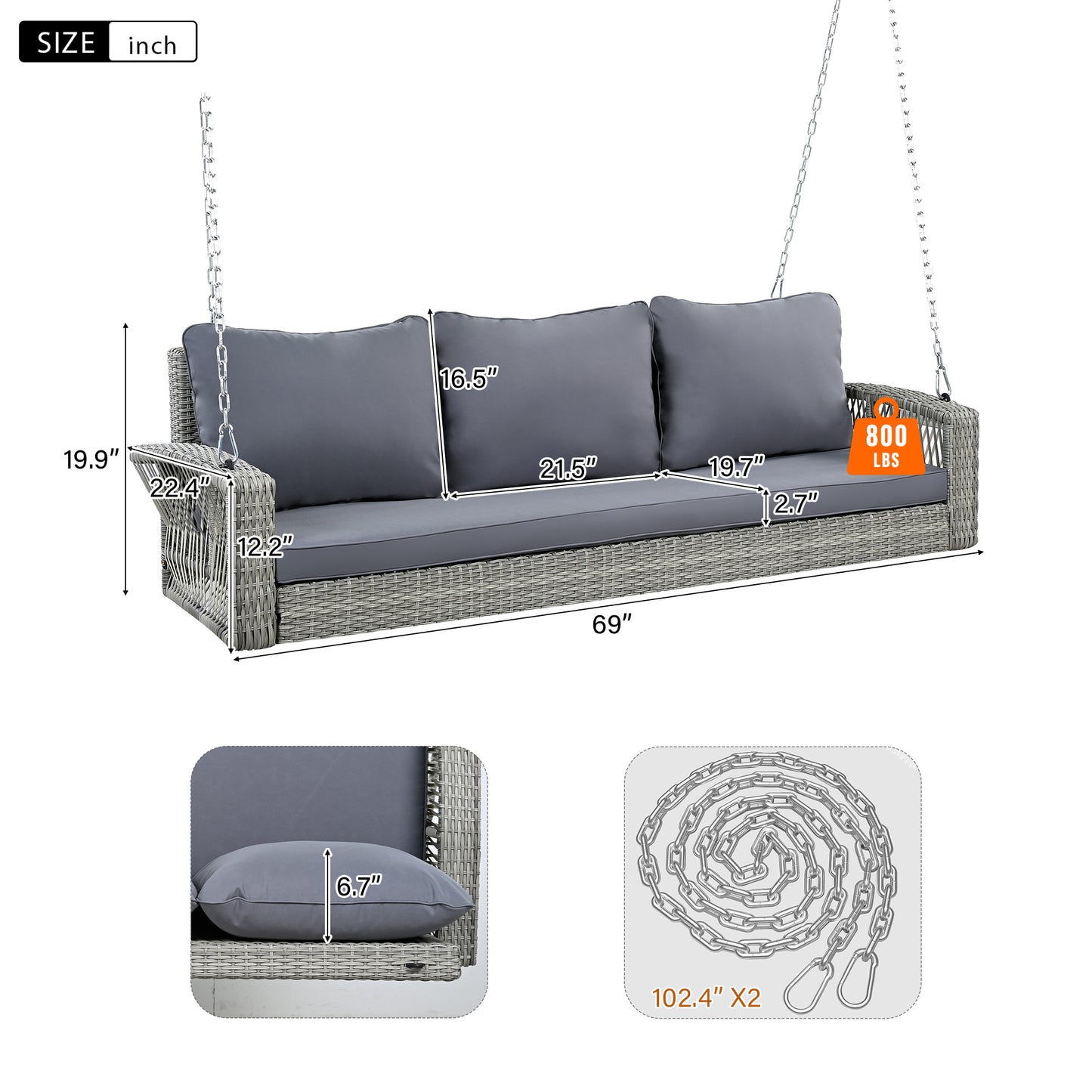 GO 69" PE Wicker 3-Person Porch Swing with Chains, Large Patio Swing Bench with Cushions for Backyard, Garden, and Poolside, Gray69"