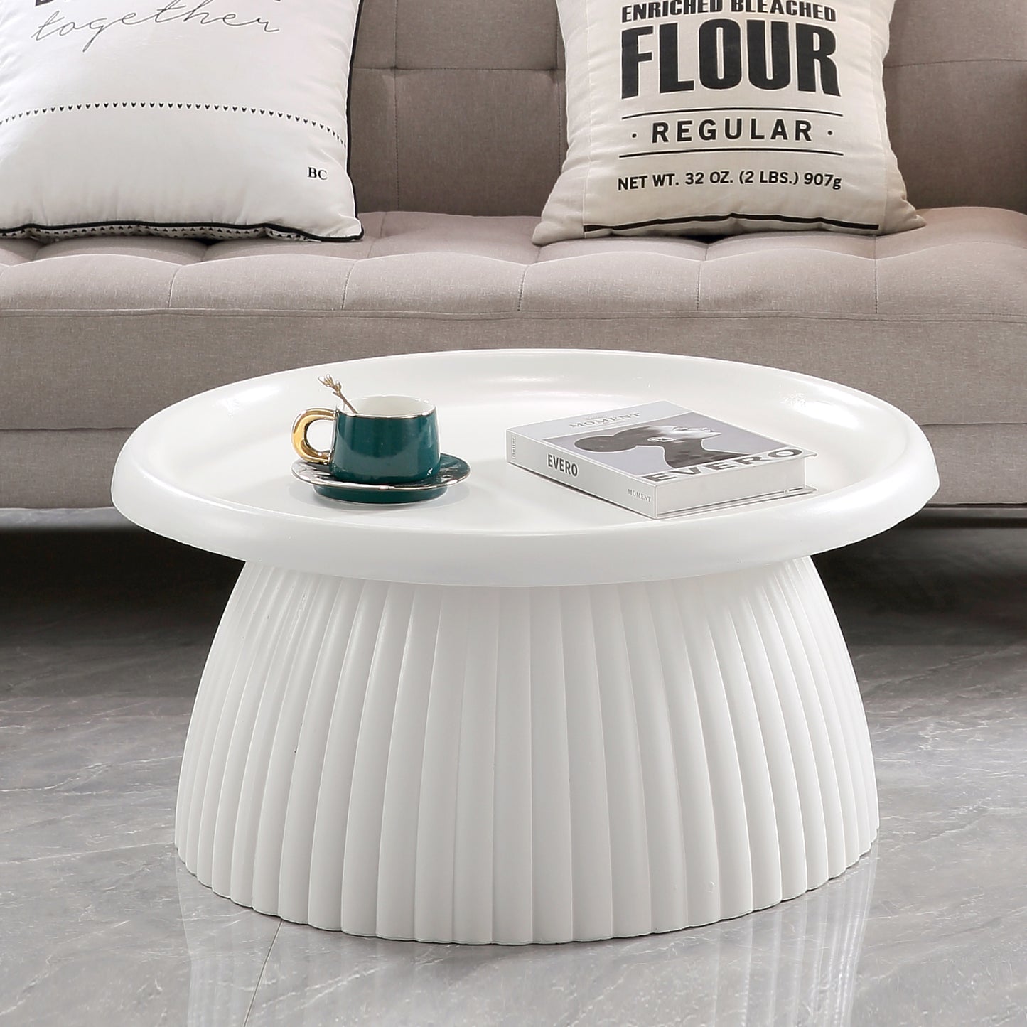 White Magnesium Oxide Fluted Pedestal Coffee Table   27.56" Diameter Round Center Table