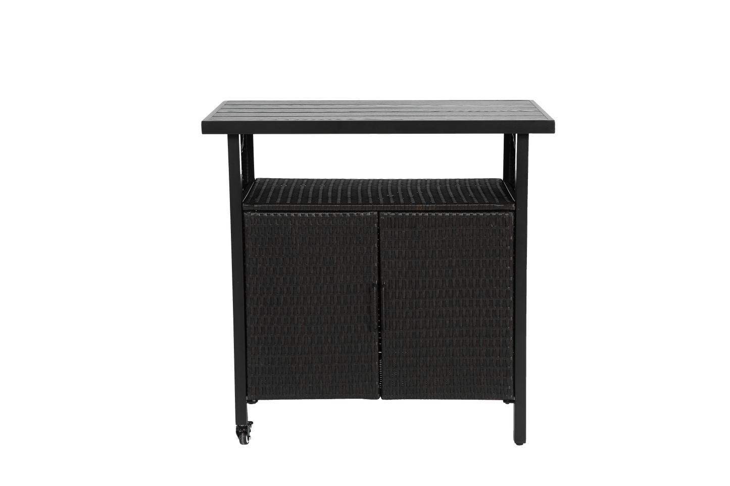 Outdoor Wicker Bar Cart, Patio Wine Serving Cart w/Wheels , Rolling Rattan Beverage Bar Counter Table for Porch Backyard Garden Poolside Party, Black