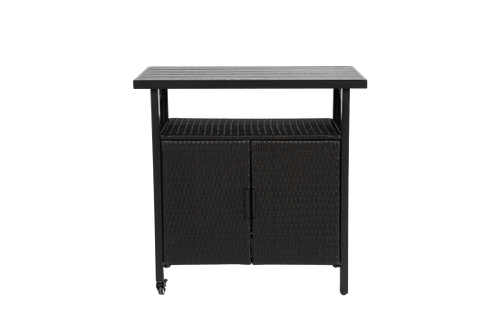 Outdoor Wicker Bar Cart, Patio Wine Serving Cart w/Wheels , Rolling Rattan Beverage Bar Counter Table for Porch Backyard Garden Poolside Party, Black