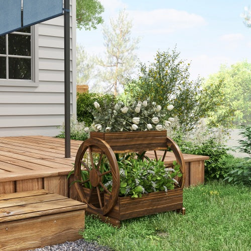 Outsunny 2-Tier Raised Garden Bed, Wooden Wagon Planter Boxes with Drainage Holes, for Vegetables Flowers Herbs