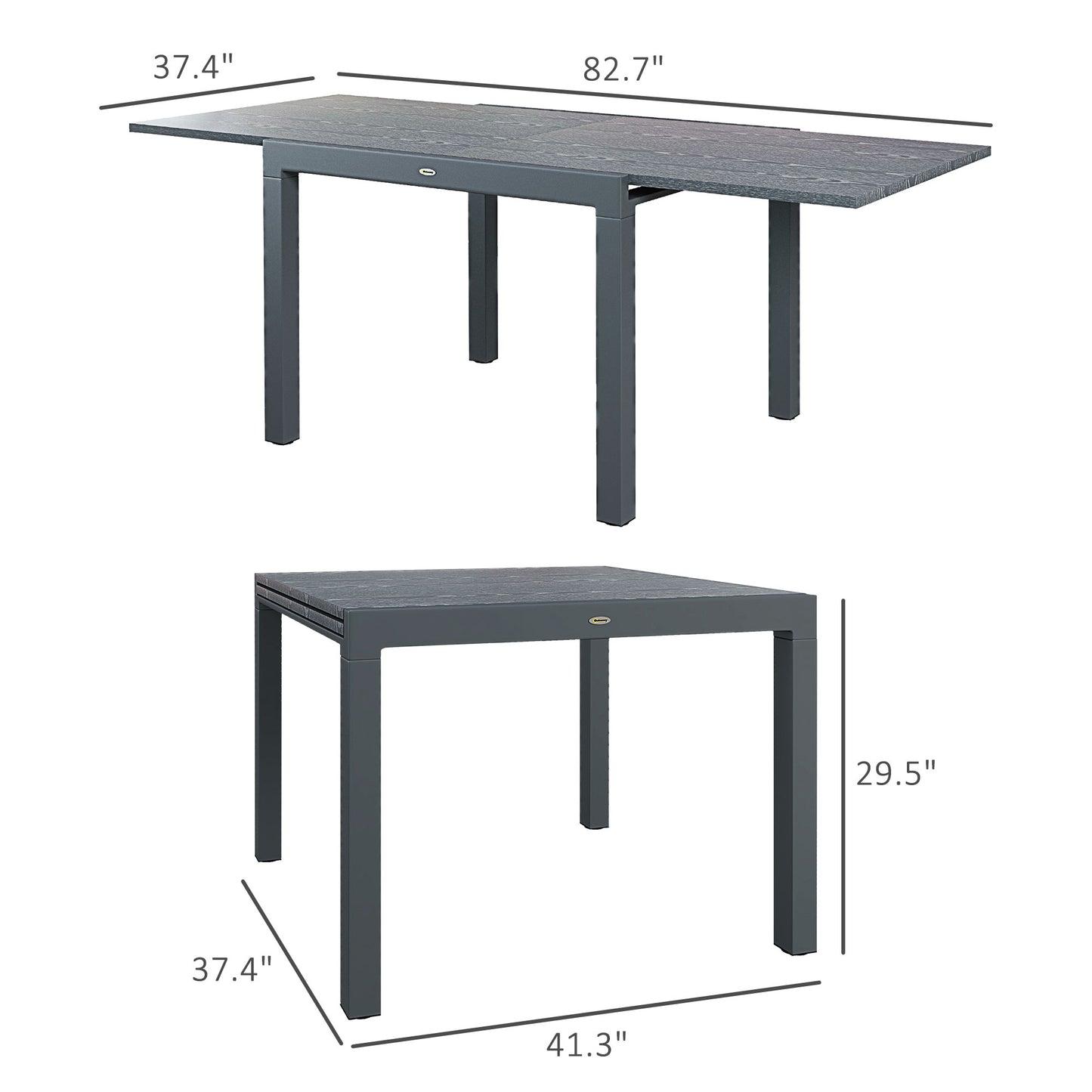 Outsunny Extendable Outdoor Dining Table, 41"- 83" Aluminum Frame Patio Table with Wood Effect Steel Top, Rectangle Expandable Patio Table for 6-8, Dark Gray