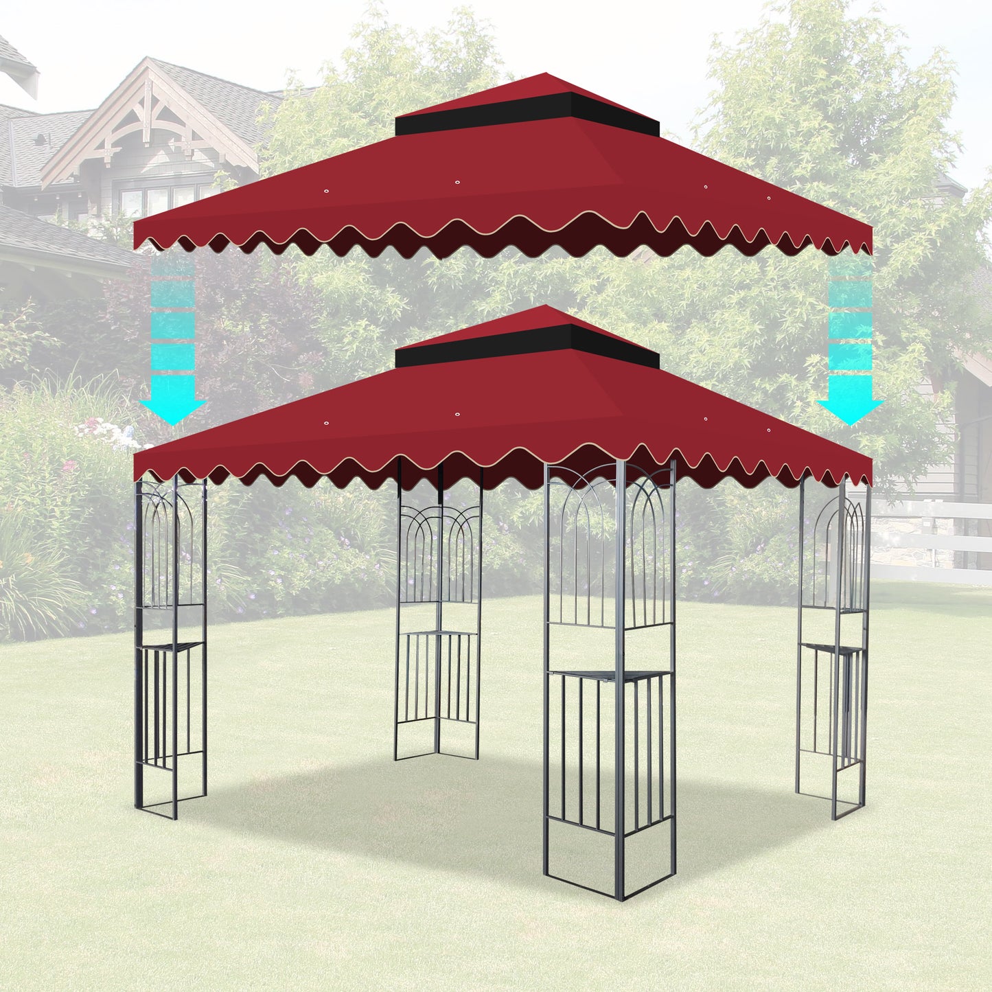 10x10 Ft Outdoor Patio Gazebo Replacement Canopy,Double Tiered Gazebo Tent Roof Top Cover Only wavy border(Frame Not Include)-Red