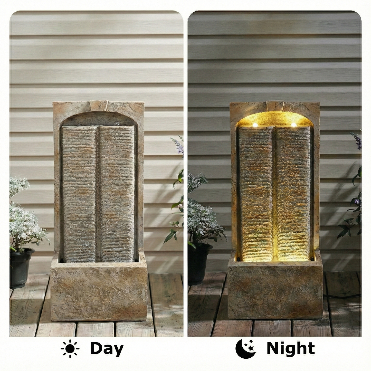 39 Inch Outdoor Water Fountain with Pump, Modern Cascading Freestanding Wall Fountain, Weather-Resistant Garden Water Feature with Warm White LED Lights, Outdoor Waterfall Fountain for Patio Porch Law