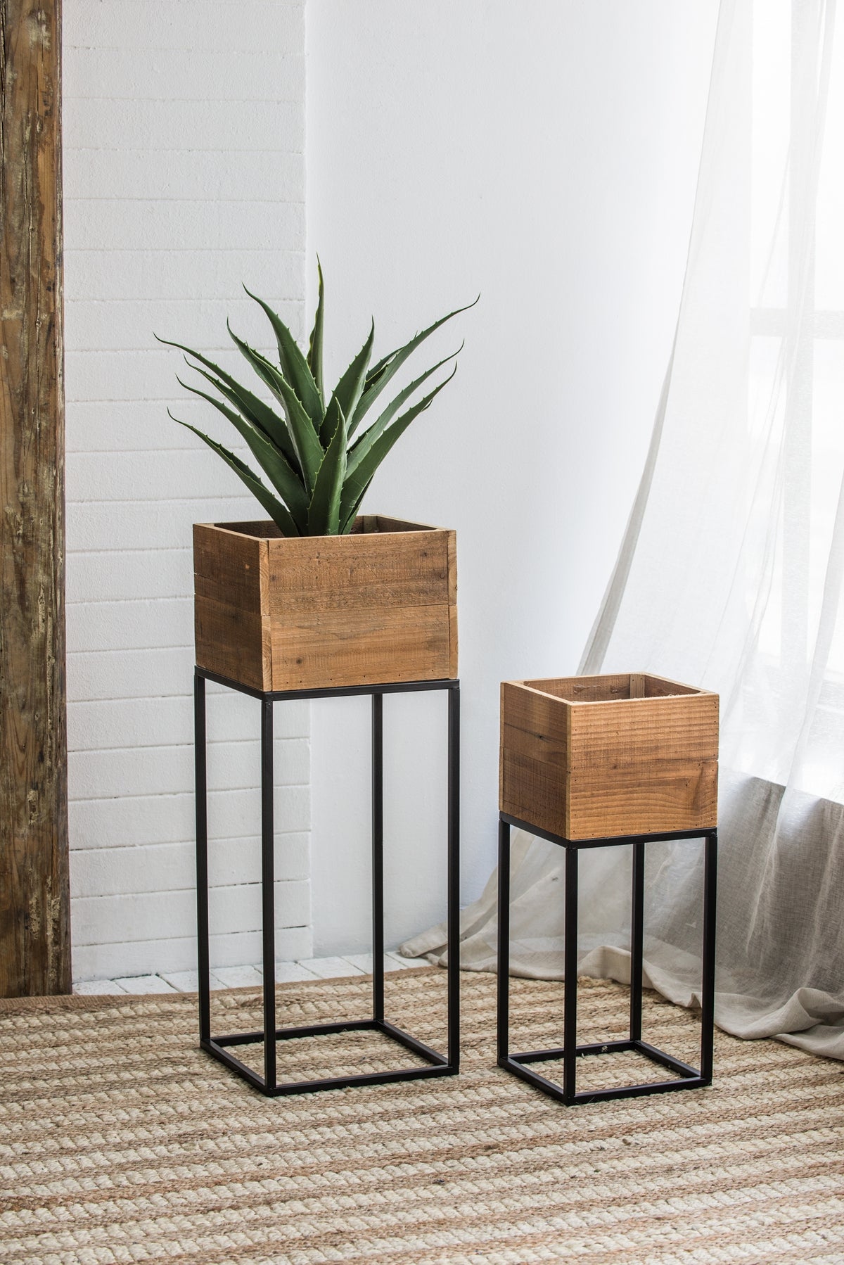 Set of 2 Reclaimed Wooden Box With Black Iron Stand, L:11x11x29.5" S:8.5x8.5x21.5"