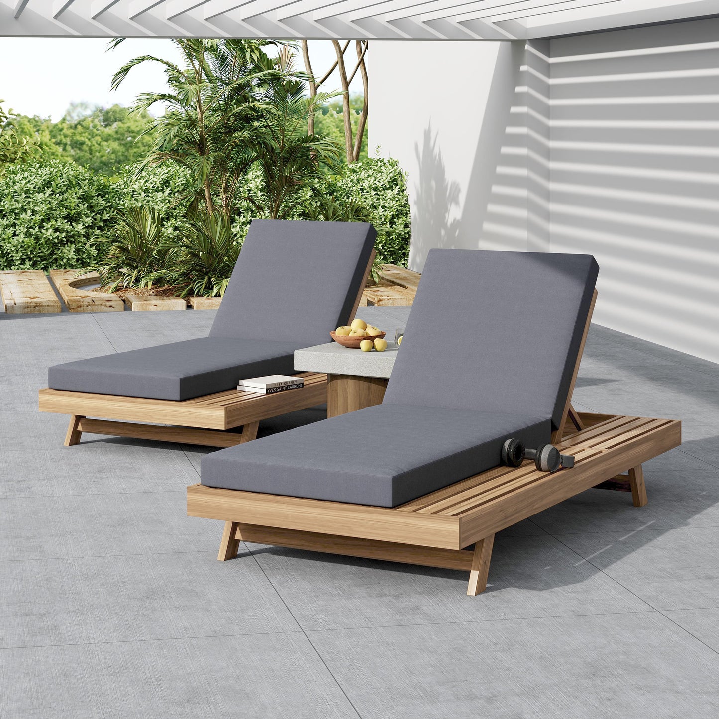 Lounge Chaise Set, Space Available On One Side, Acacia Wood In light brown With Water-Resistant Lounge Cushions (Dark Grey & 4 Inch Thick) – Matching Cream Version Available