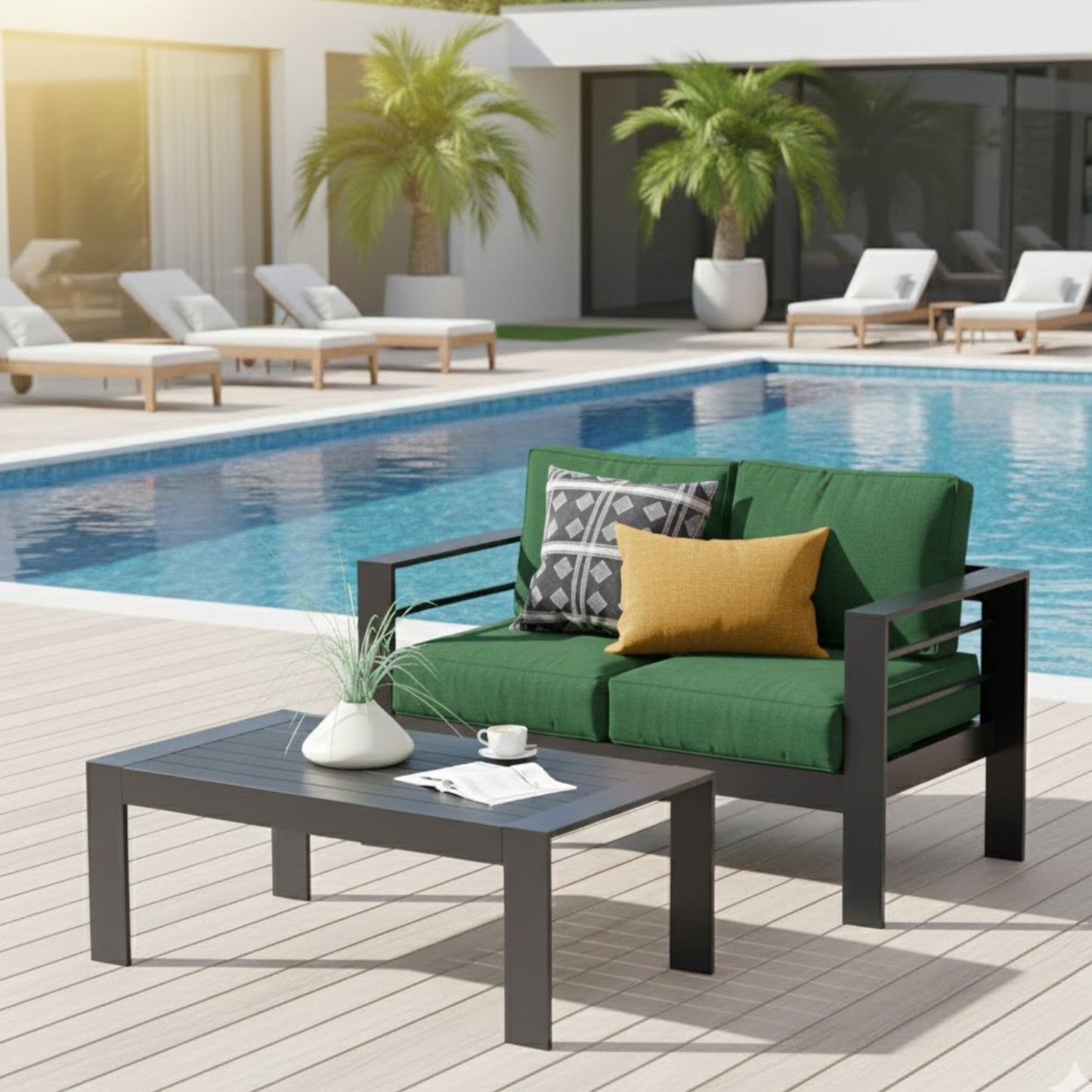 43" All-Weather Aluminum Patio Coffee Table, Modern Black Rectangle Outdoor Table