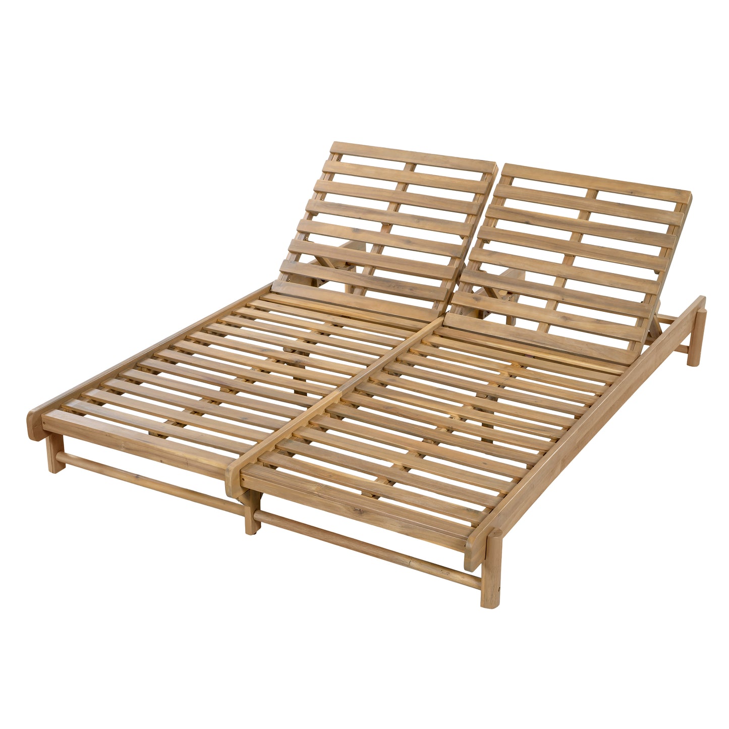 Light Teak Acacia Wood Double Chaise Lounger Set: 1 Frame + 2 Cream Cushions, 800 lbs Capacity, 3-Position Adjustable Backrest, 4" Thick 3-Fold Water-Resistant Cushions for Patio Poolside Backyard