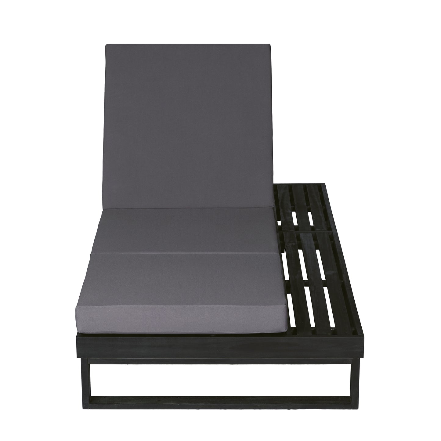 Black Acacia Wood Chaise Lounge with 4-Inch Dark Grey 3-Fold Cushion Set, 4-Position Adjustable Outdoor Patio Lounger with Flat Side Surface, for Poolside- Matching cream version available