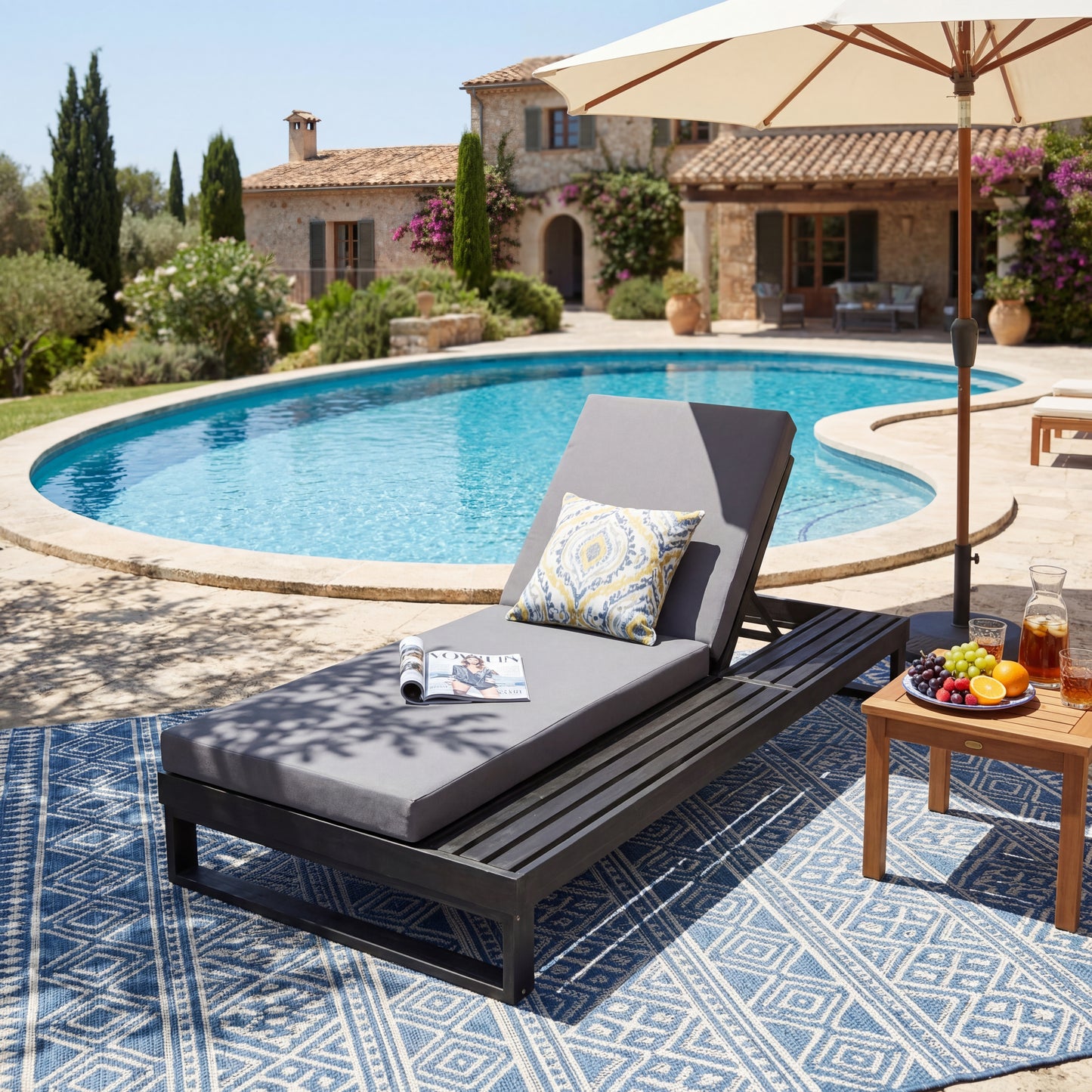 Black Acacia Wood Chaise Lounge with 4-Inch Dark Grey 2-Fold  Cushion Set, 4-Position Adjustable Outdoor Patio Lounger with Flat Side Surface, for Poolside- Matching cream version available