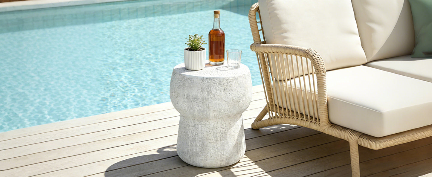 U_Style Outdoor Patio Accent Table with Crack process , Morden Concrete coffee Table with Double Barrel Shape Outdoor Side Table, Garden Stoolsl  for Patio,Garden, Backyard.
