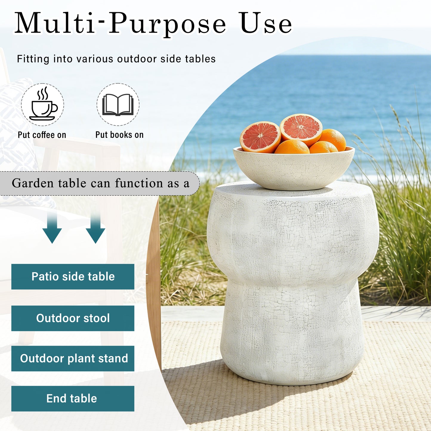U_Style Outdoor Patio Accent Table with Crack process , Morden Concrete coffee Table with Double Barrel Shape Outdoor Side Table, Garden Stoolsl  for Patio,Garden, Backyard.