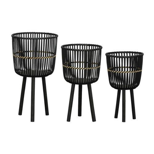 S/3 Bamboo Footed PLANTERS 11/13/15", Black