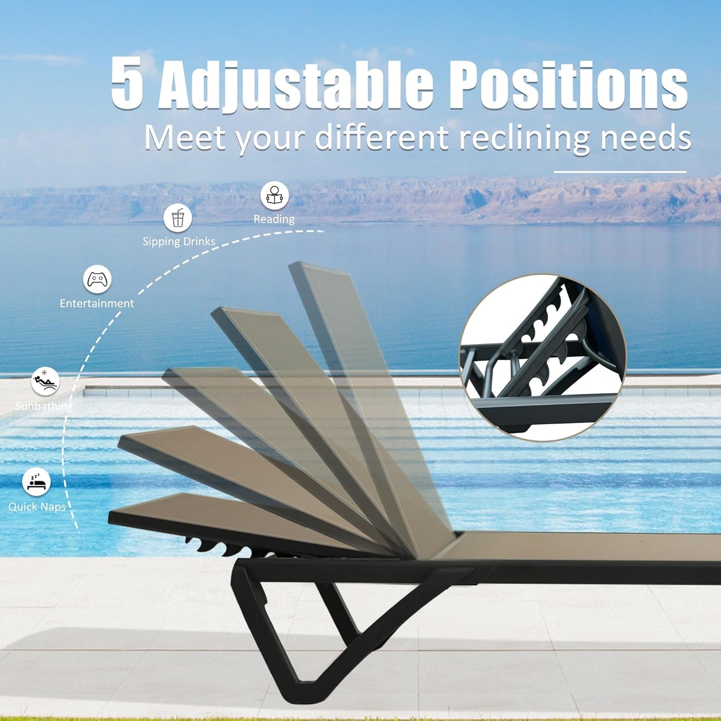 Pool Lounge Chairs Set of 2, Aluminum Patio Chaise Lounge with Wheels, 5 Position Adjustable, All Weather Outdoor Lounge Chairs for Beach, Yard, Balcony, Poolside, Khaki