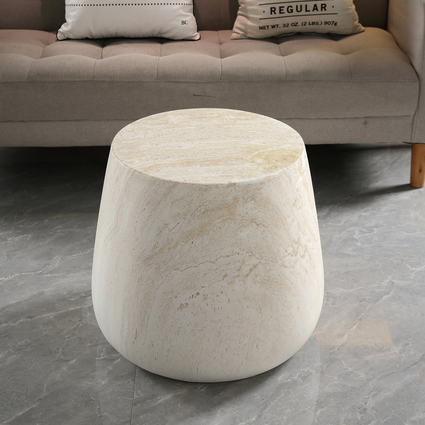 Light Travertine Finish Magnesium Oxide Tapered Side Table   14.57" Top Diameter Round End Table