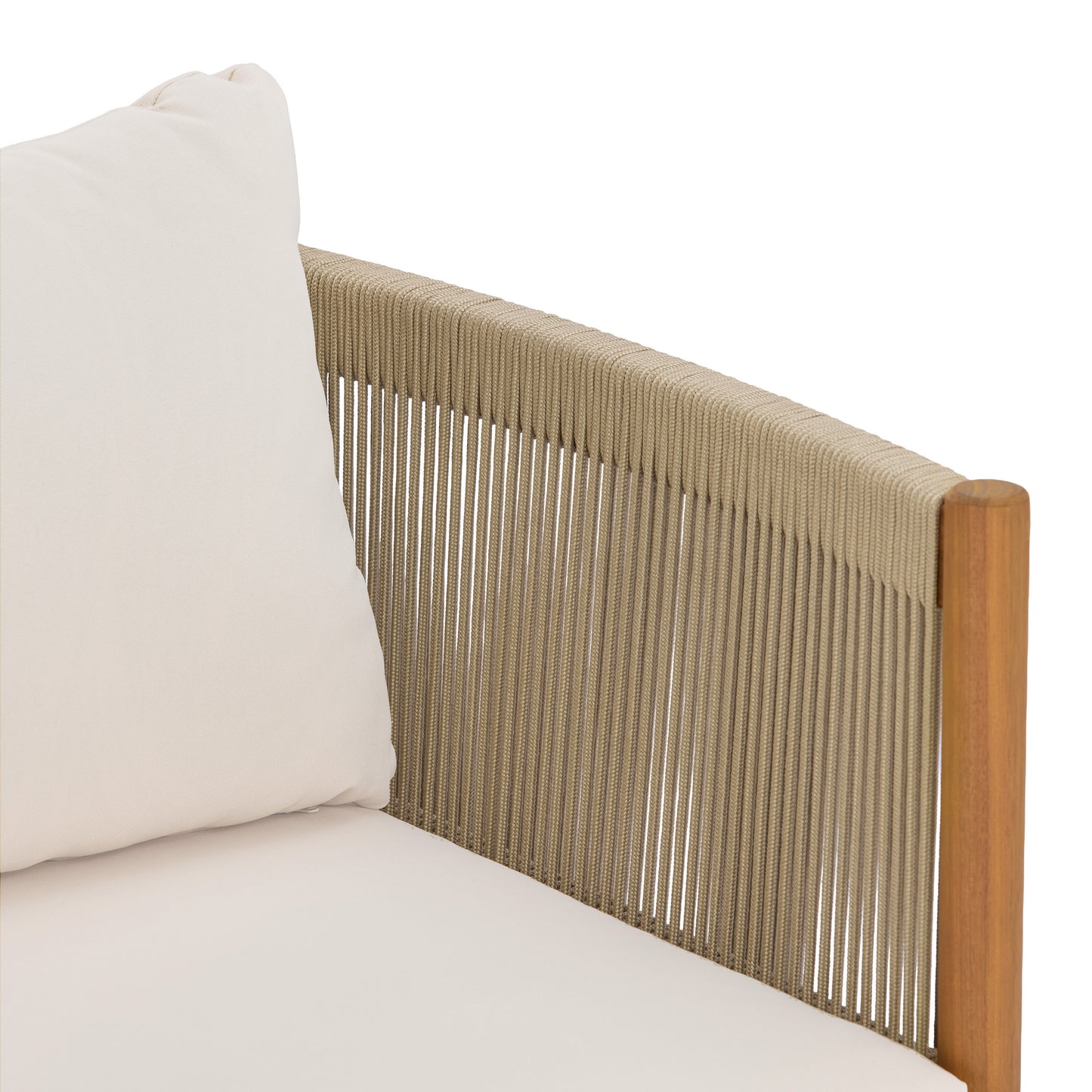 Outdoor Club Chair with Acacia Wood Frame in Teak Look, Beige Rope Panels and Cream Cushions
