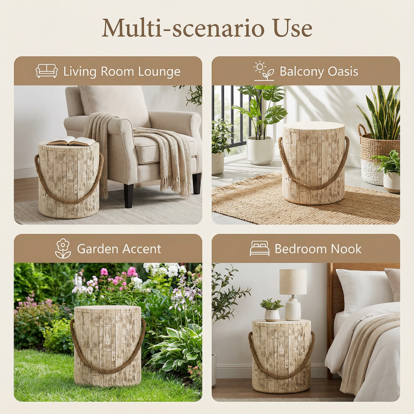 Outdoor Wood Grain Rustic MGO Side Table with Realistic Wood Vibe & Simulated Braided Cord – Indoor End Table for Home, Office, Living Room & Outdoor Decor