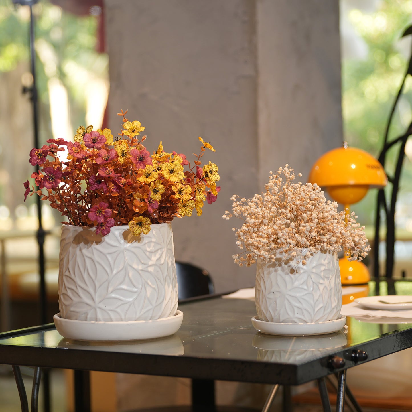 Handmade White Glossy Ceramic Planter Set of 2, 6" & 8" Diameter, Leaf Pattern Design, for Succulents and Herbs Indoor/Outdoor Shelf & Table Use, Breathable Clay with Saucers