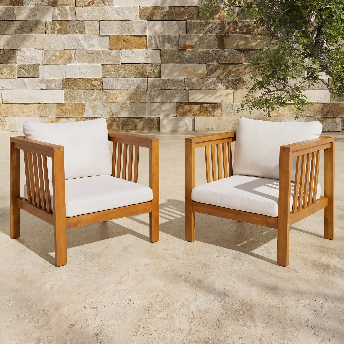 Set of 2 Outdoor Acacia Wood Club Chairs with Modern Square Arms, 2-Piece Patio Conversation Set with Thick Cushions, Adjustable Leveling Feet for Poolside, Backyard & Deck, Beige Cushions