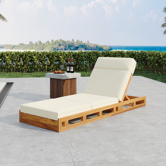 LOUNGE CHAISE SET WITH HEADREST, ACACIA WOOD WITH WATER-RESISTANT LOUNGE CUSHIONS (BEIGE & 3-FOLD & 4 inch) - MATCHING DARK GREY/CREAM VERSION AVAILABLE